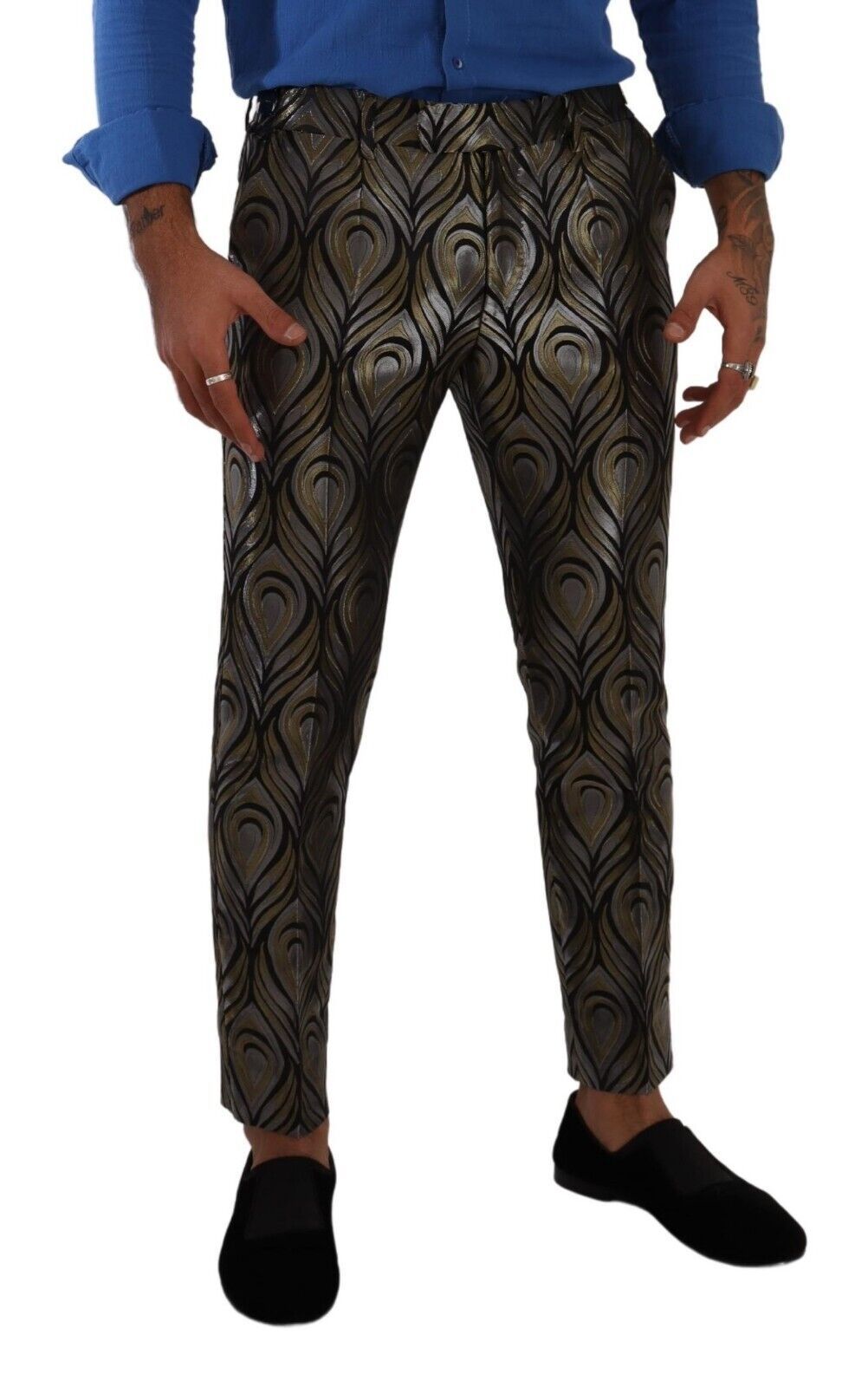 Dolce & Gabbana Silver Gold Jacquard Men's Trousers Dress Pants-4