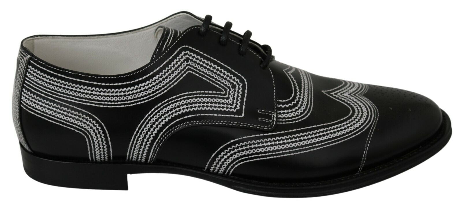 Dolce & Gabbana Black Leather Derby Formal White Pointed Shoes