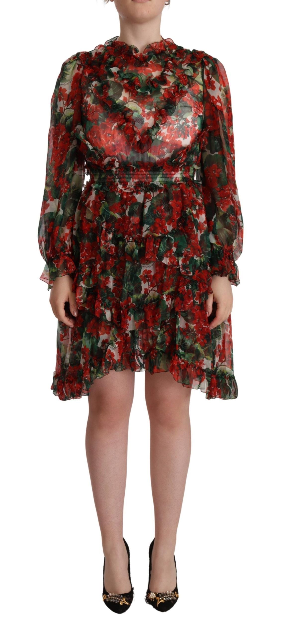 Vestido largo de seda con estampado floral rojo multicolor de Dolce & Gabbana-1