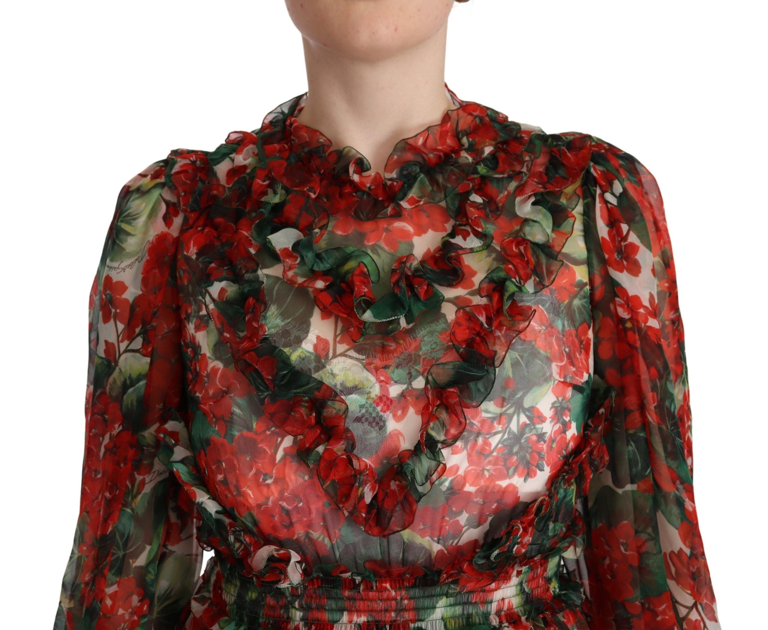 Vestido largo de seda con estampado floral rojo multicolor de Dolce & Gabbana-4