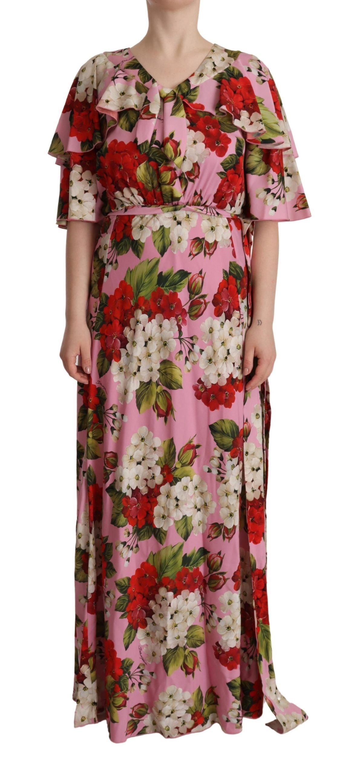 Vestido largo de seda elástica con estampado floral rosa de Dolce & Gabbana-1