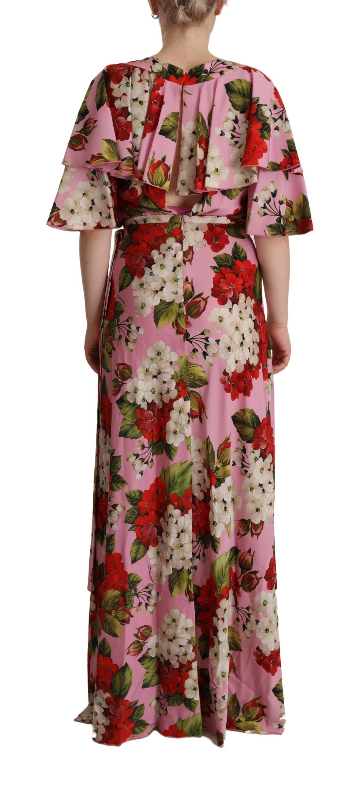 Vestido largo de seda elástica con estampado floral rosa de Dolce & Gabbana-4