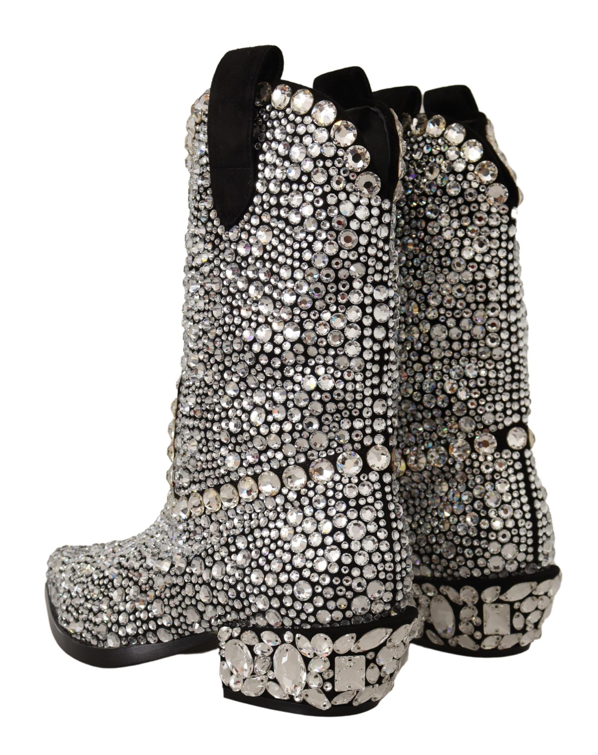 Dolce & Gabbana Black Suede Rhinestone Crystal Cowgirl Boots-2