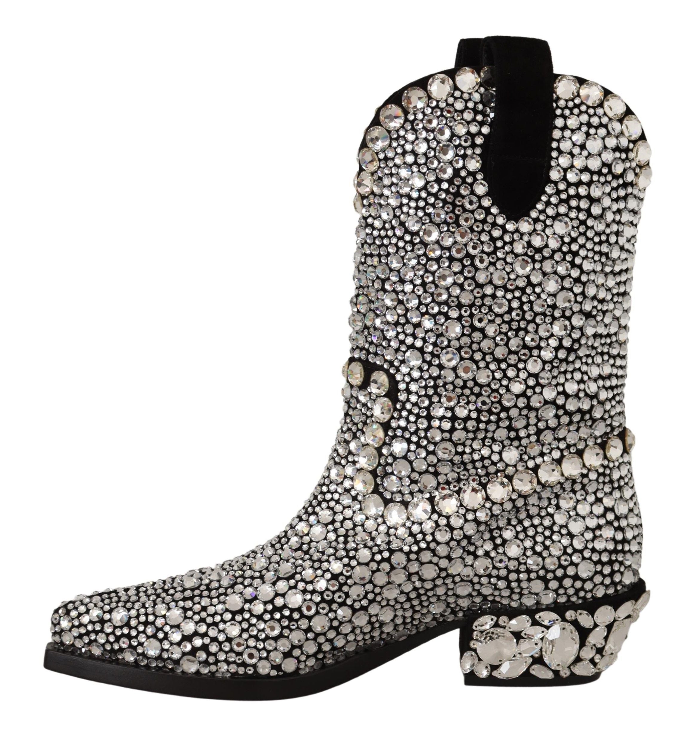 Dolce & Gabbana Black Suede Rhinestone Crystal Cowgirl Boots-3