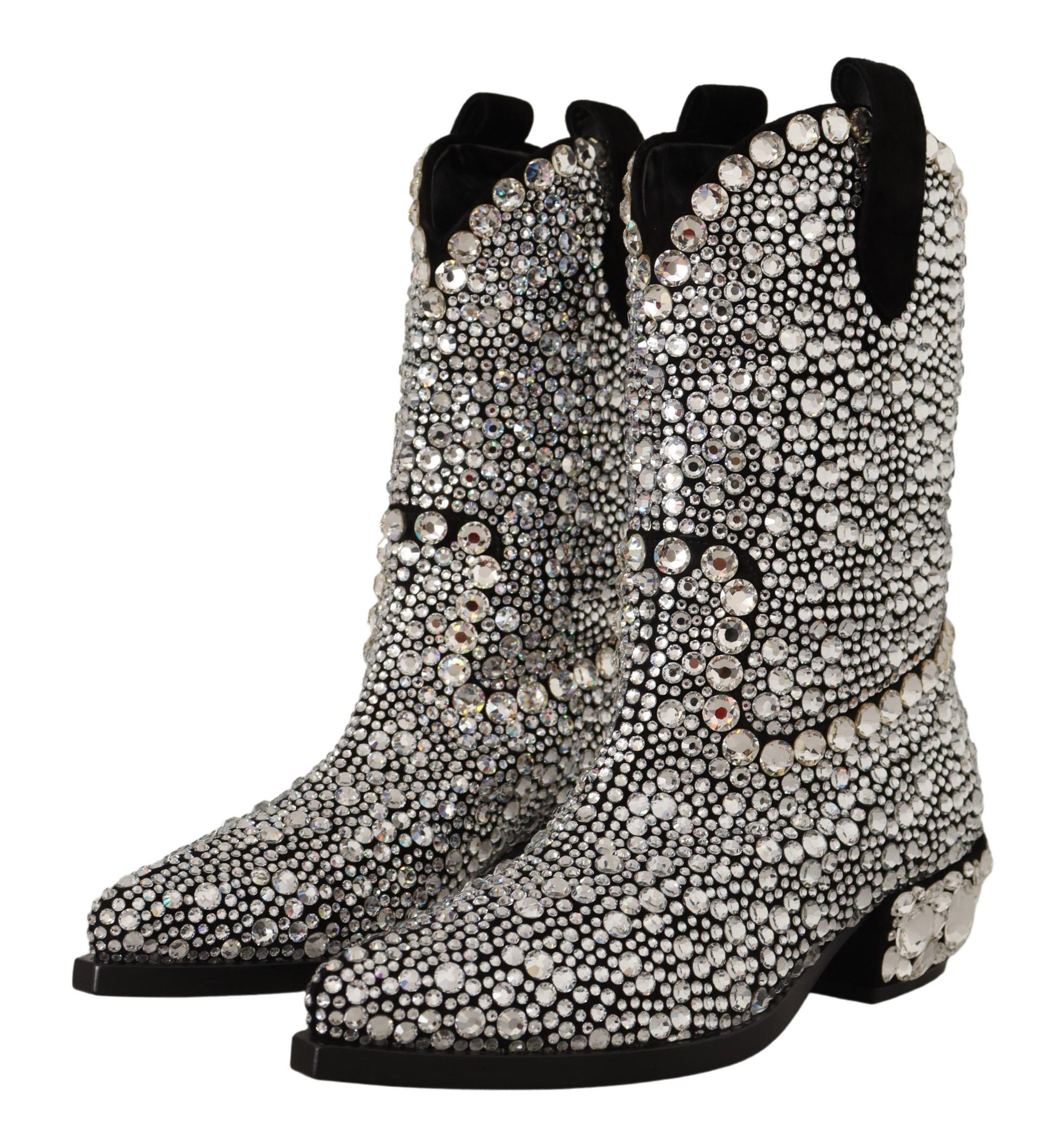 Dolce & Gabbana Black Suede Rhinestone Crystal Cowgirl Boots-7