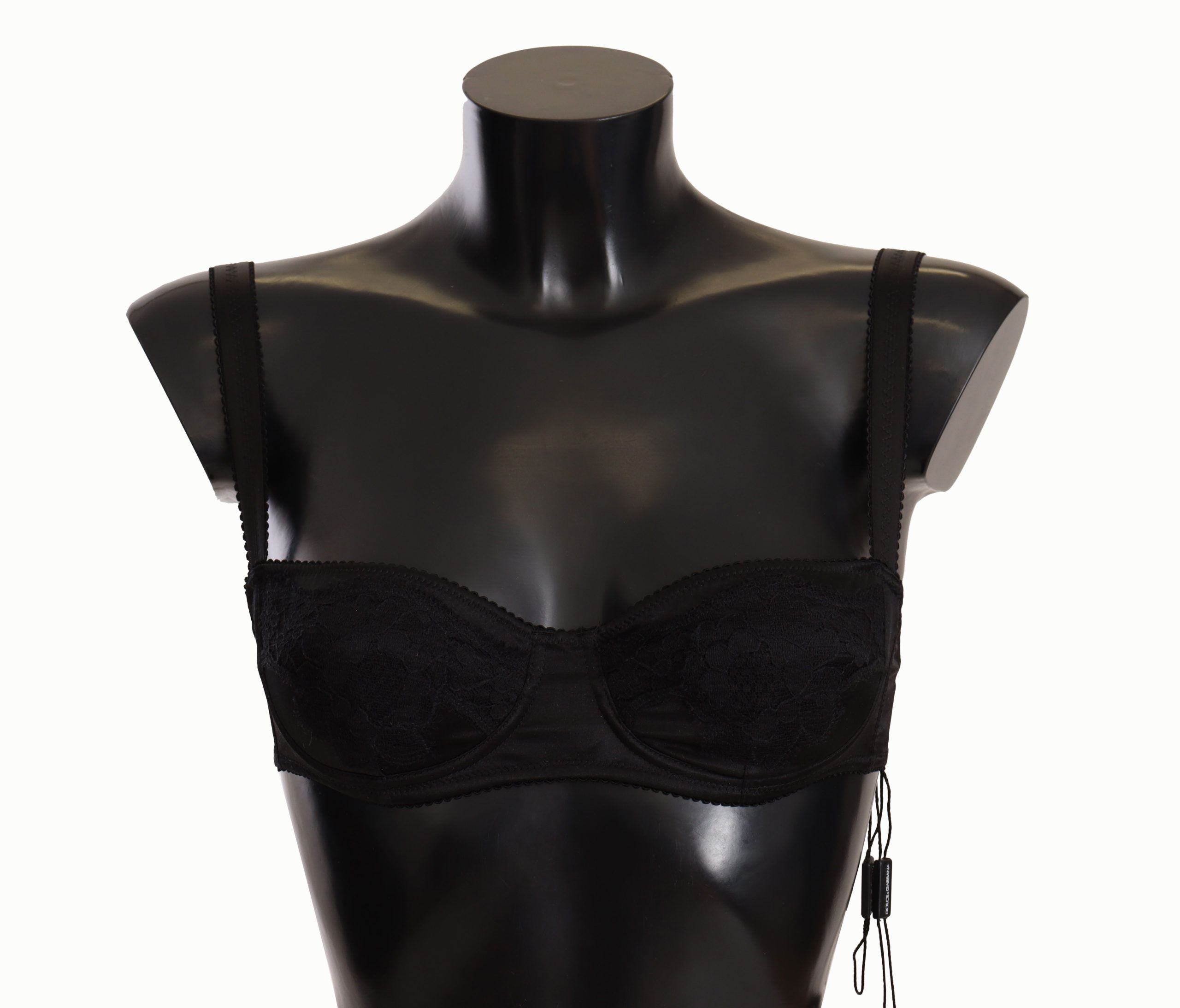 Dolce & Gabbana Black Satin Lace Balconette Bra with Polka Dots-1