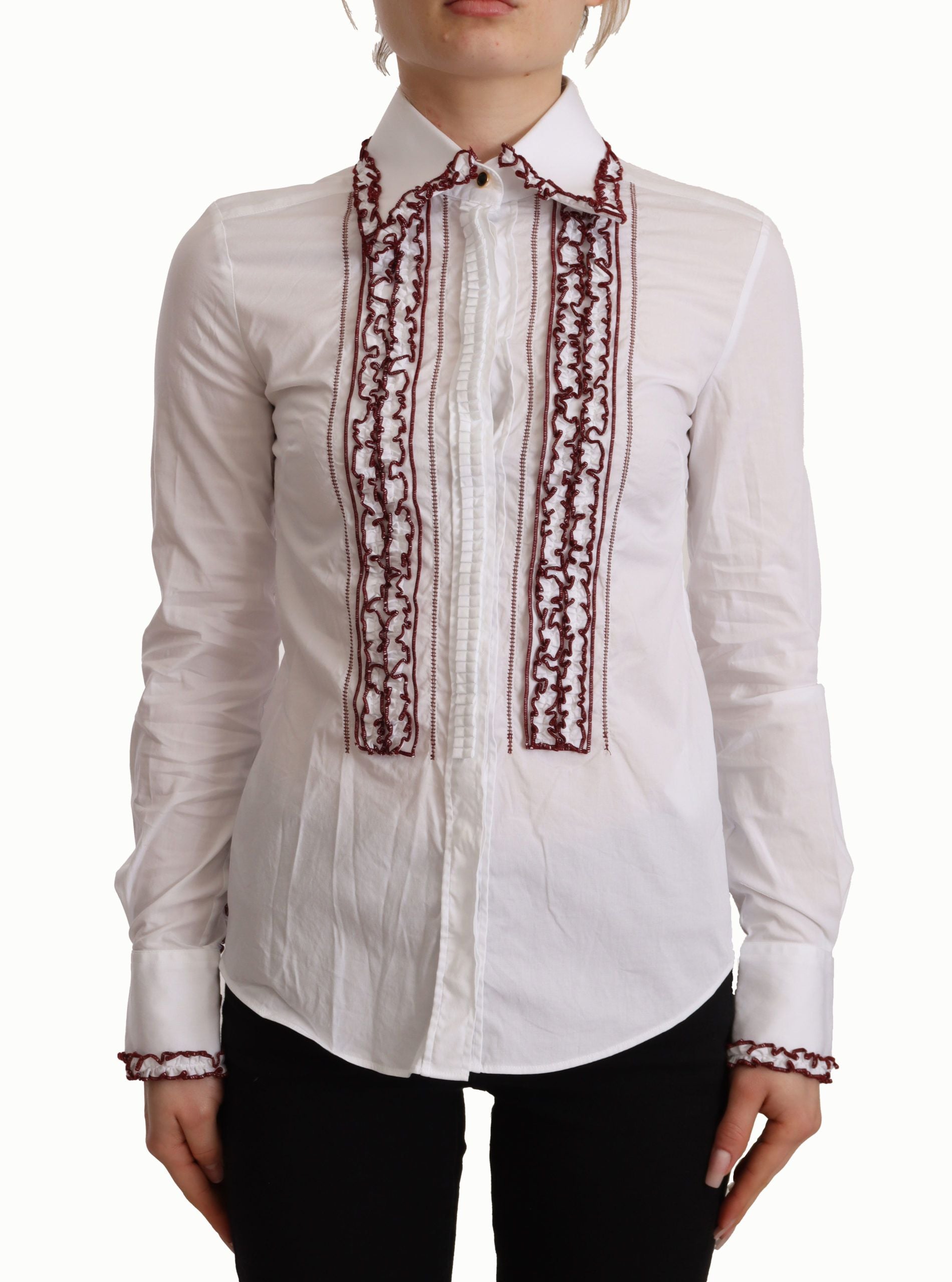 Camisa de encaje de algodón blanco de Dolce & Gabbana con mangas largas y cuello fruncido-1