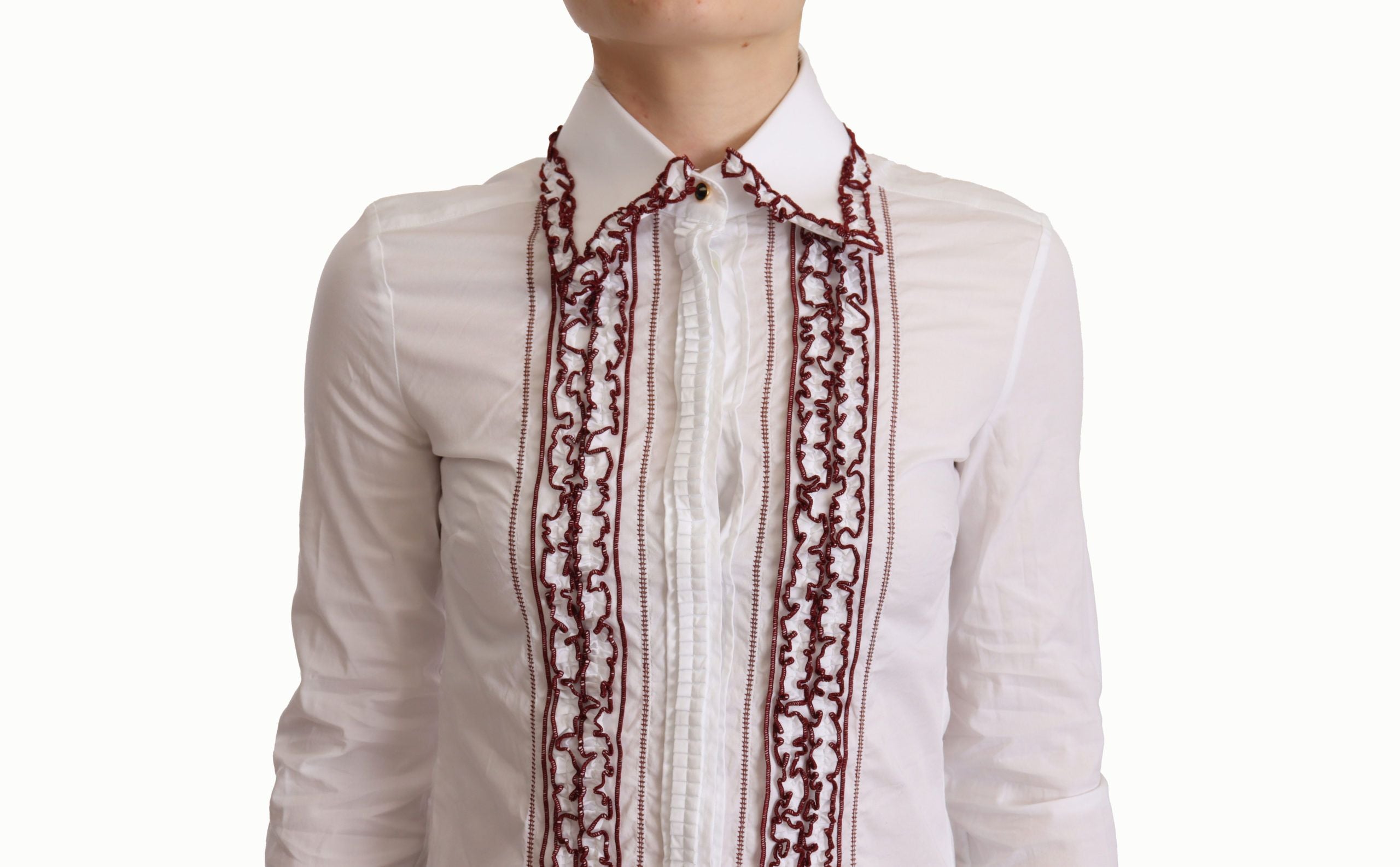 Camisa de encaje de algodón blanco de Dolce & Gabbana con mangas largas y cuello fruncido-4