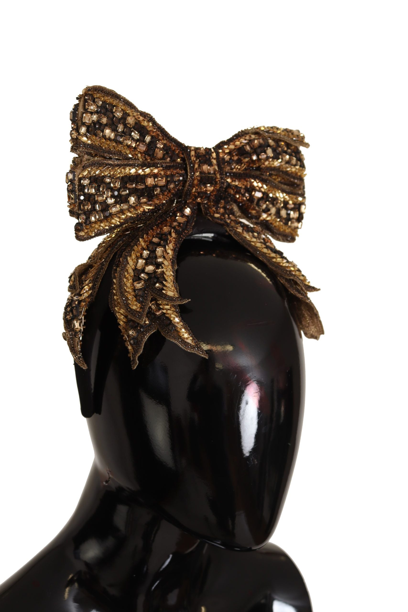 Tiara con lazo de seda y lentejuelas de perlas y cristales dorados de Dolce & Gabbana-2