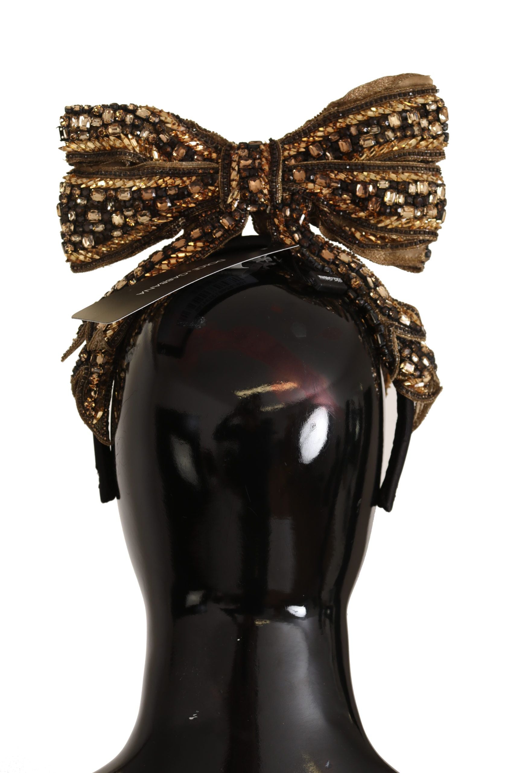 Dolce & Gabbana Gold Crystal Pearl Sequin Silk Bow Headband Tiara