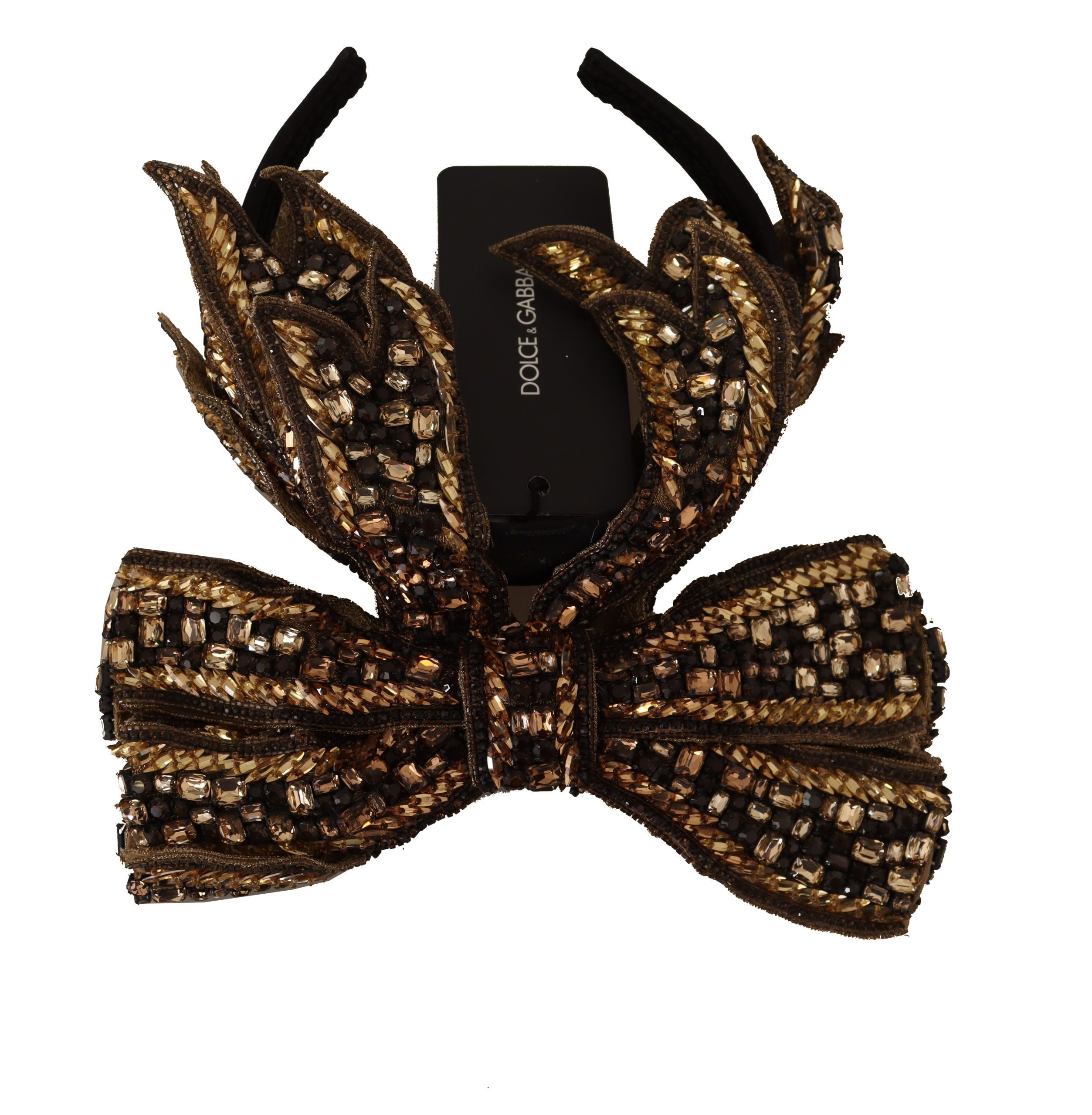 Tiara con lazo de seda y lentejuelas de perlas y cristales dorados de Dolce & Gabbana-3