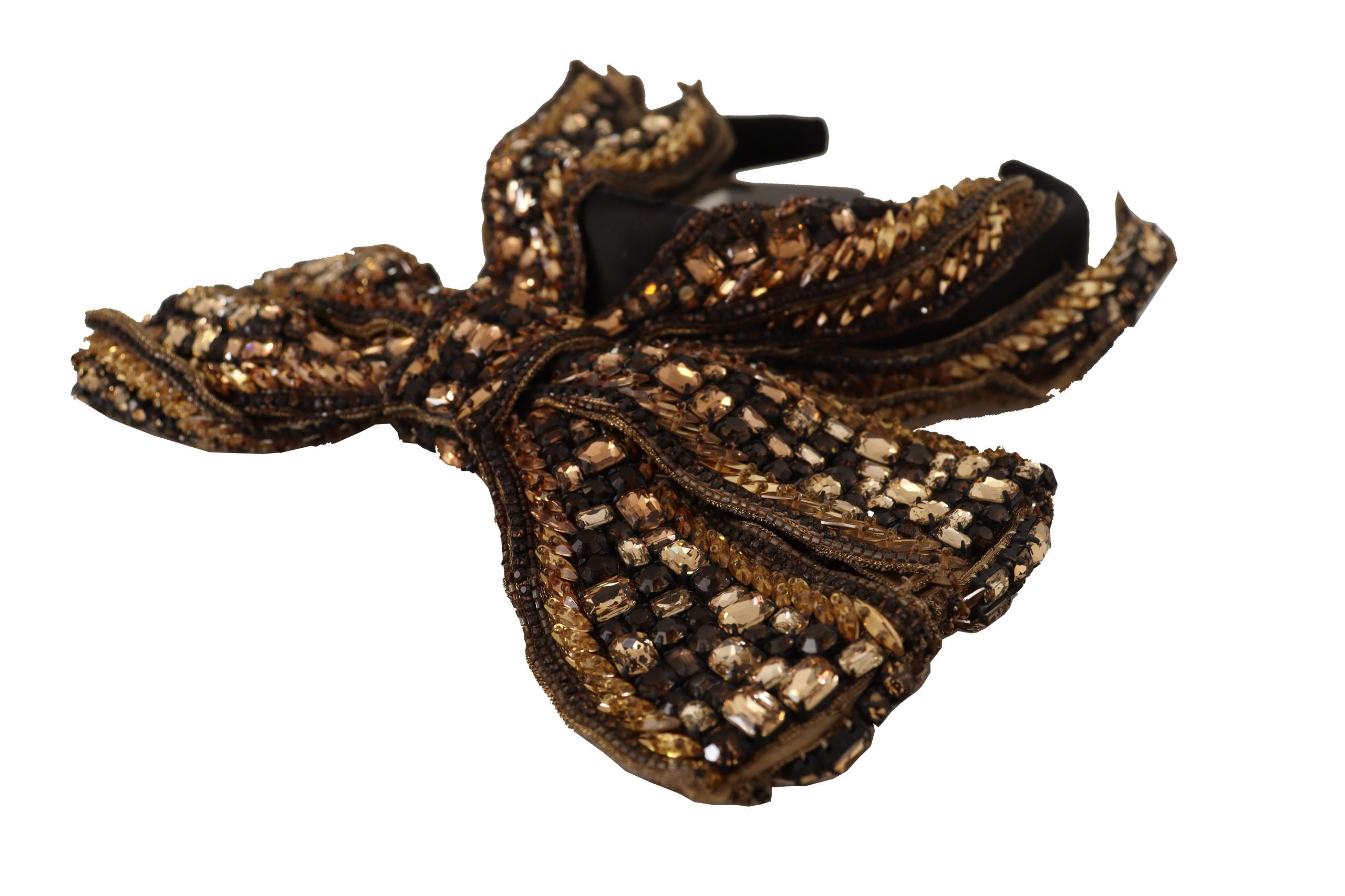 Tiara con lazo de seda y lentejuelas de perlas y cristales dorados de Dolce & Gabbana-4