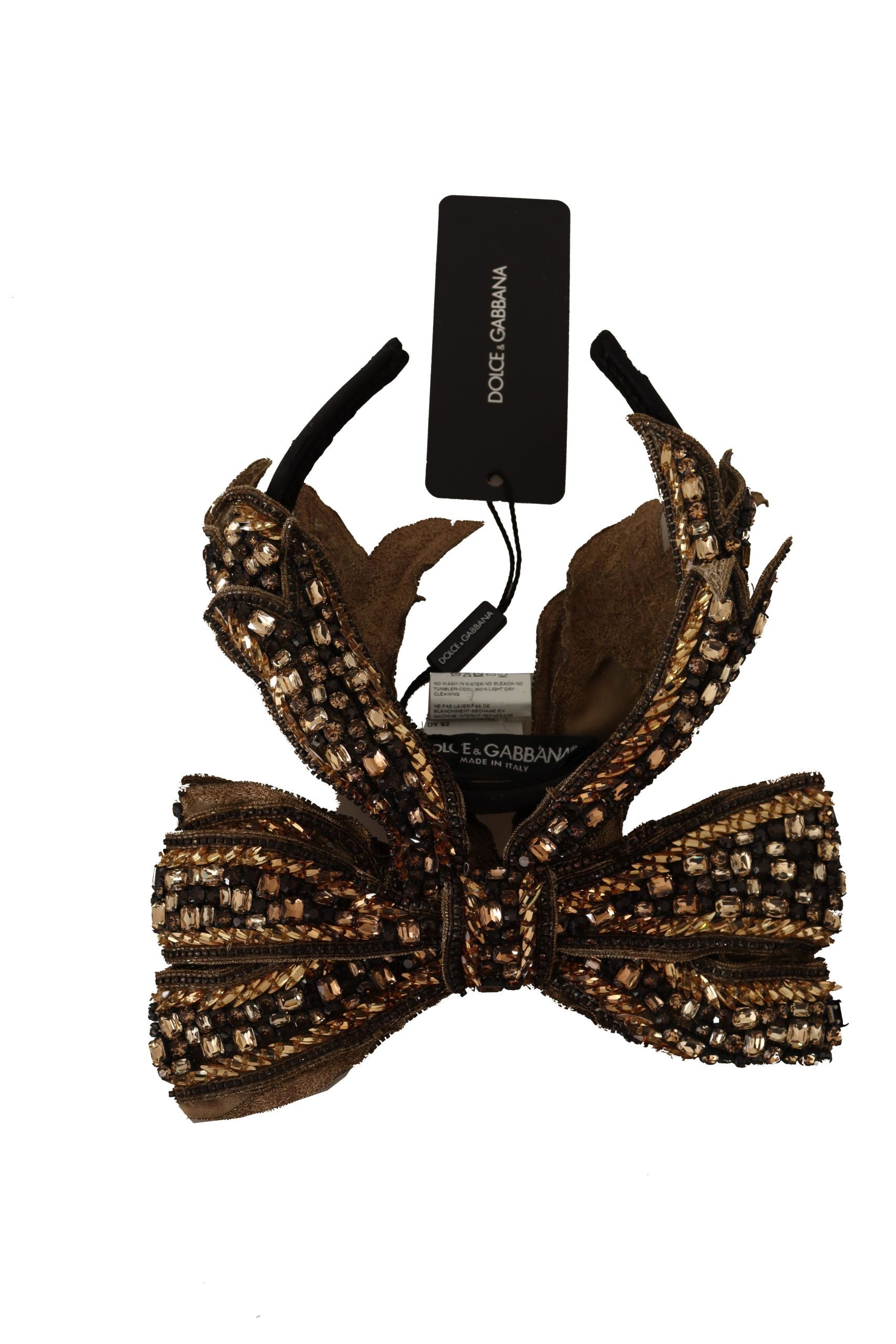 Tiara con lazo de seda y lentejuelas de perlas y cristales dorados de Dolce & Gabbana-5