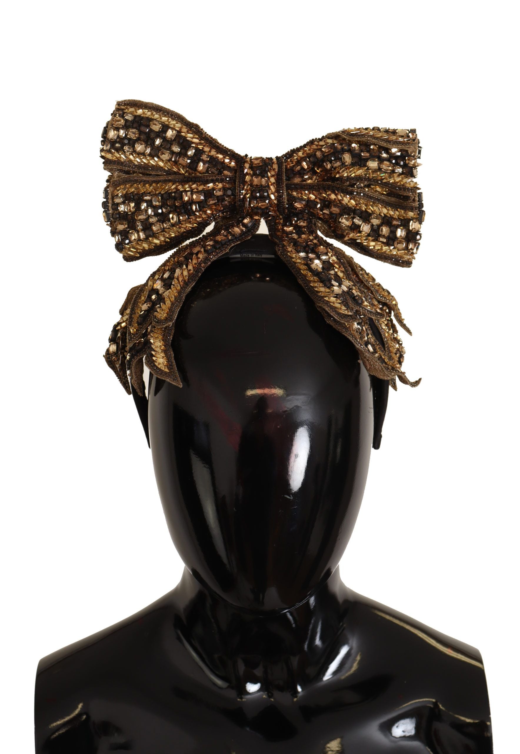 Tiara con lazo de seda y lentejuelas de perlas y cristales dorados de Dolce & Gabbana-6