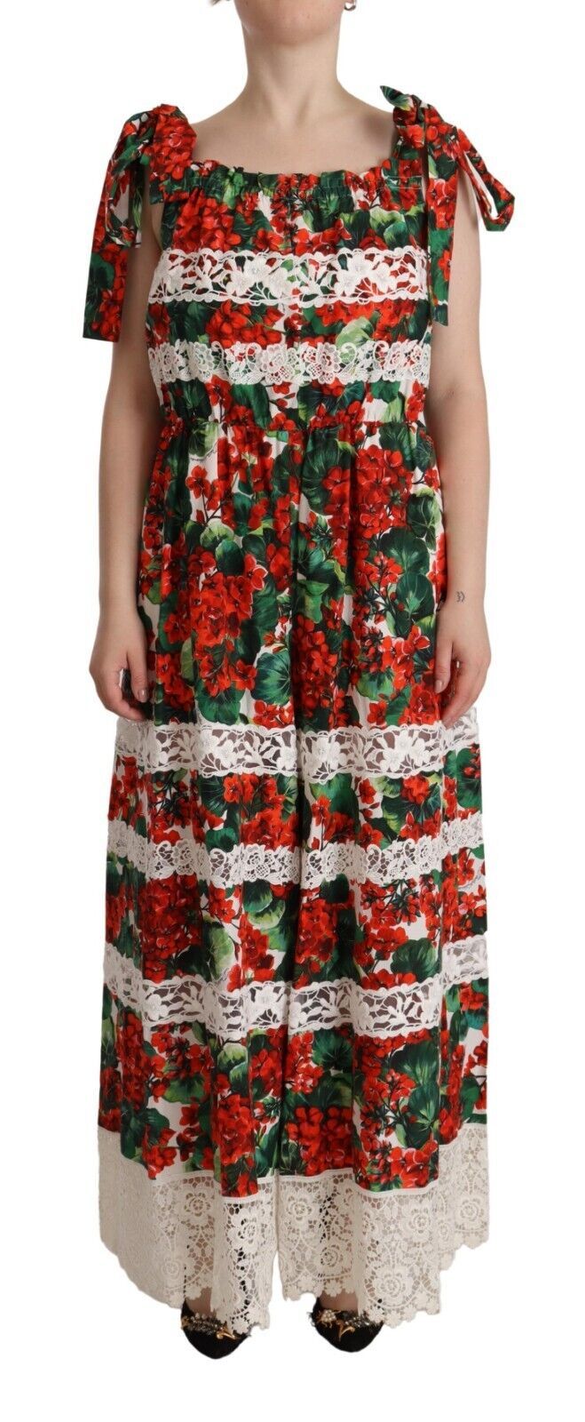 Vestido largo maxi Dolce & Gabbana con estampado de geranios multicolor y encaje-1
