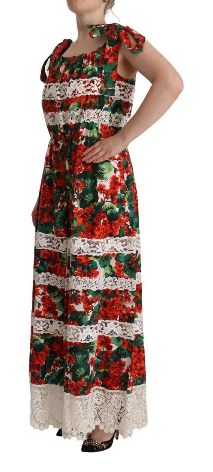 Vestido largo maxi Dolce & Gabbana con estampado de geranios multicolor y encaje-2