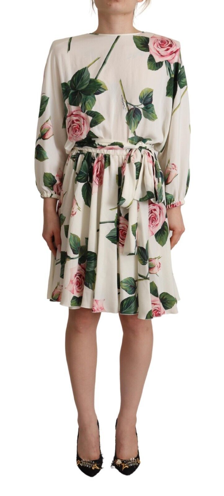 Dolce & Gabbana white A-line dress with rose pattern and long sleeves-1