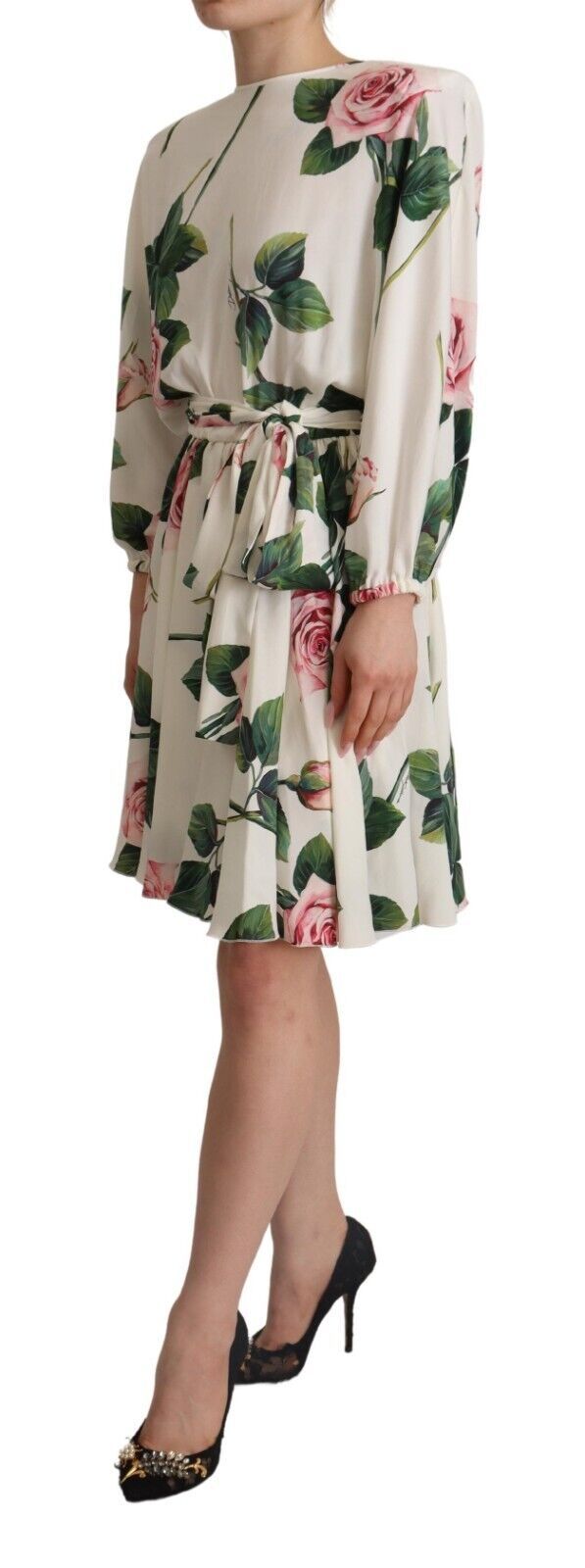 Dolce & Gabbana white A-line dress with rose pattern and long sleeves-2