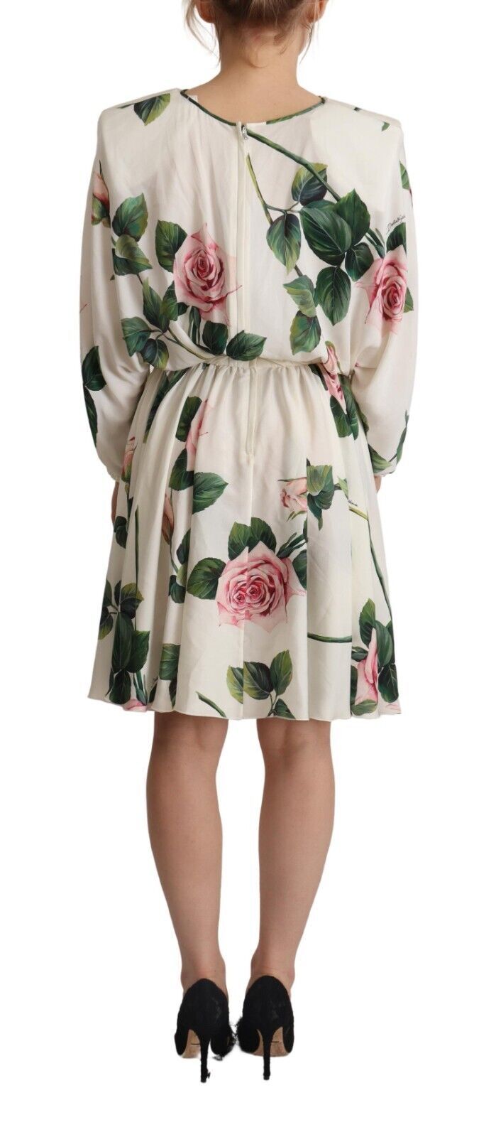 Dolce & Gabbana white A-line dress with rose pattern and long sleeves-3