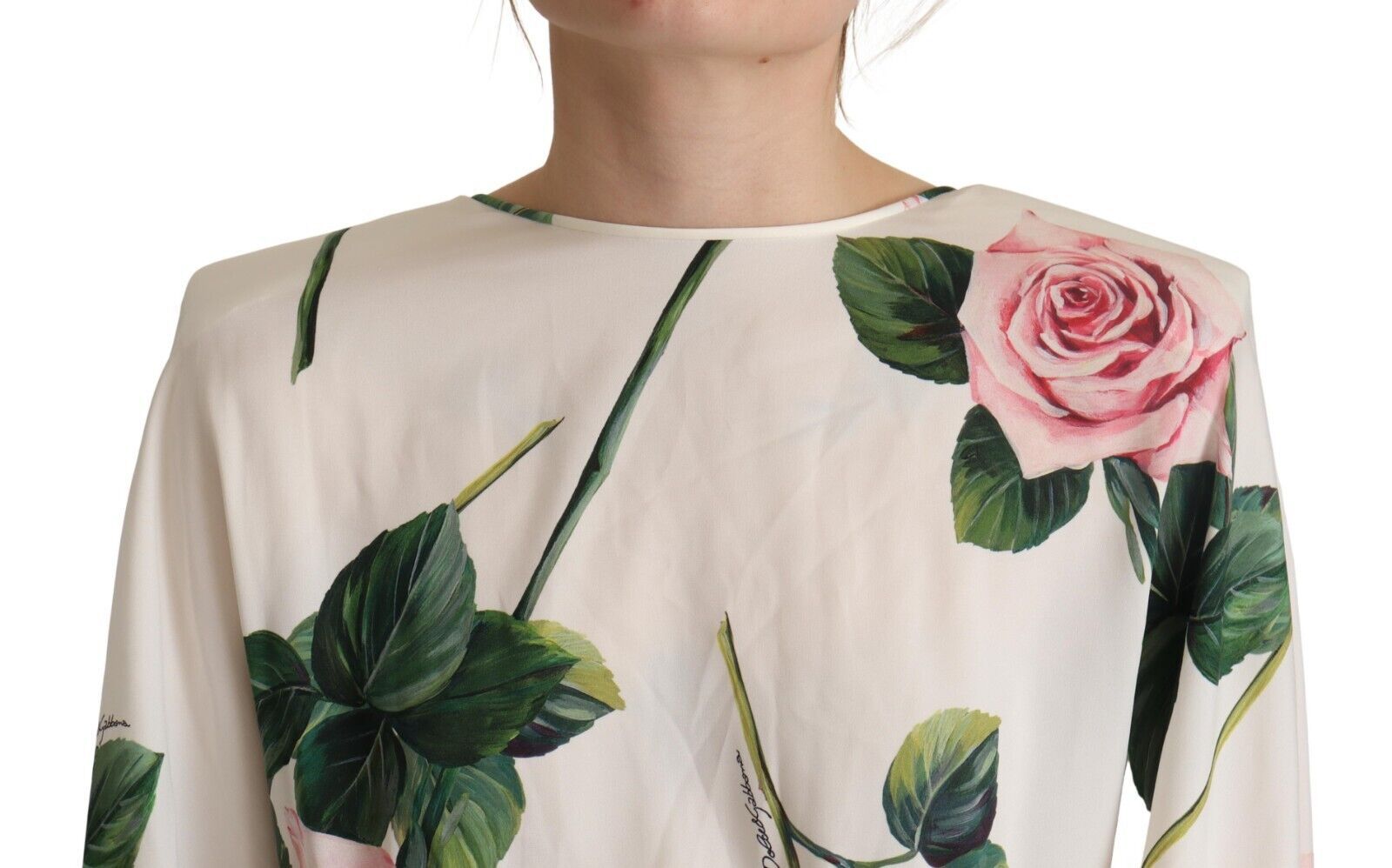 Dolce & Gabbana white A-line dress with rose pattern and long sleeves-4