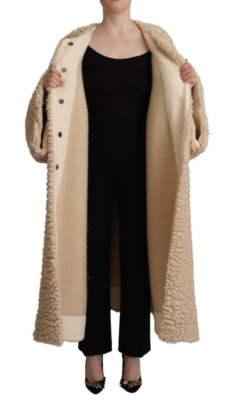 Dolce & Gabbana Beige Cashmere Wool Faux Fur Coat Jacket-5