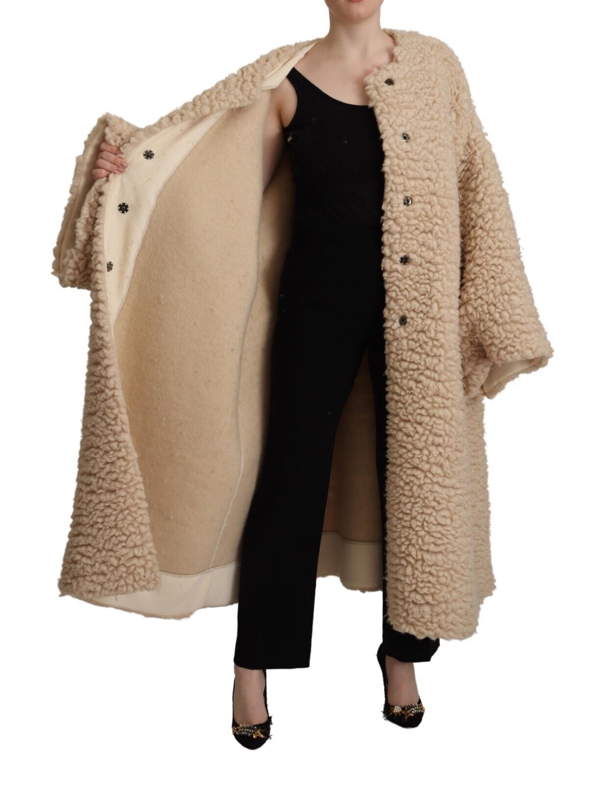 Dolce & Gabbana Beige Cashmere Wool Faux Fur Coat Jacket-6
