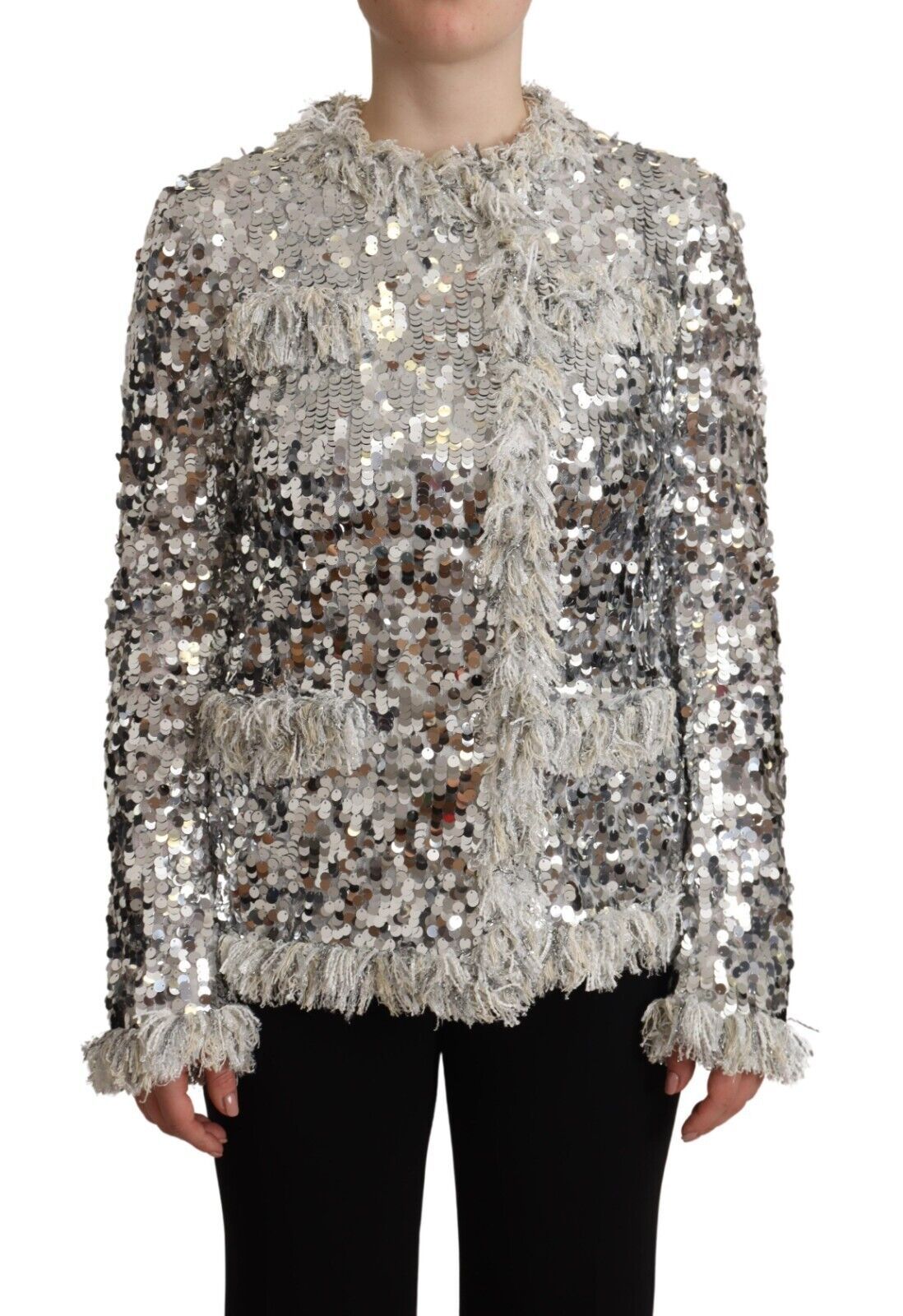 Dolce & Gabbana silver sequined shearling jacket with long sleeves