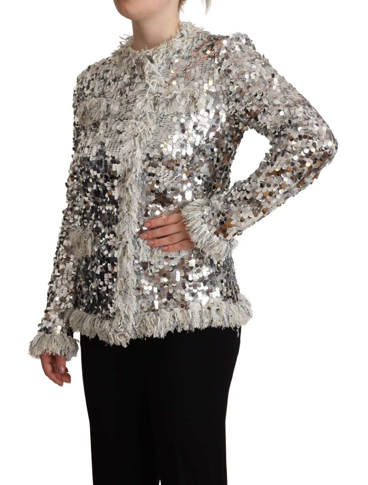Dolce & Gabbana silver sequined shearling jacket with long sleeves-2