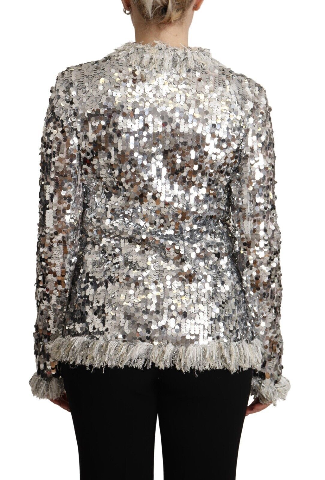 Dolce & Gabbana silver sequined shearling jacket with long sleeves-3