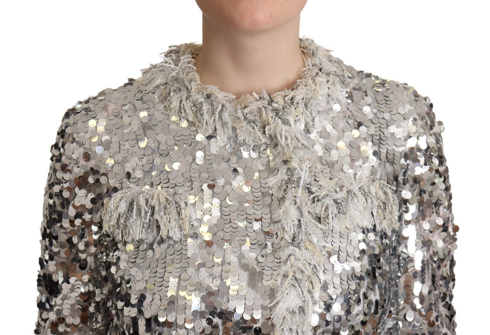 Dolce & Gabbana silver sequined shearling jacket with long sleeves-4