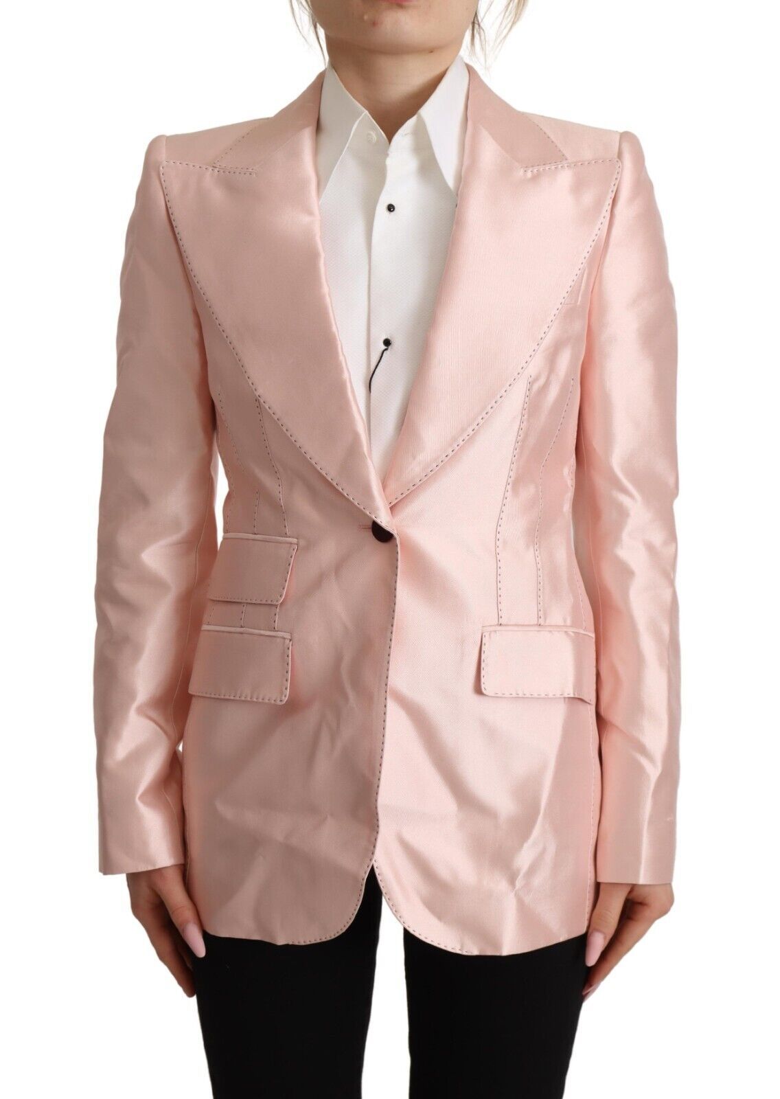 Dolce & Gabbana Rosa Satin Lange Ärmel Blazer Mantel Jacke-1