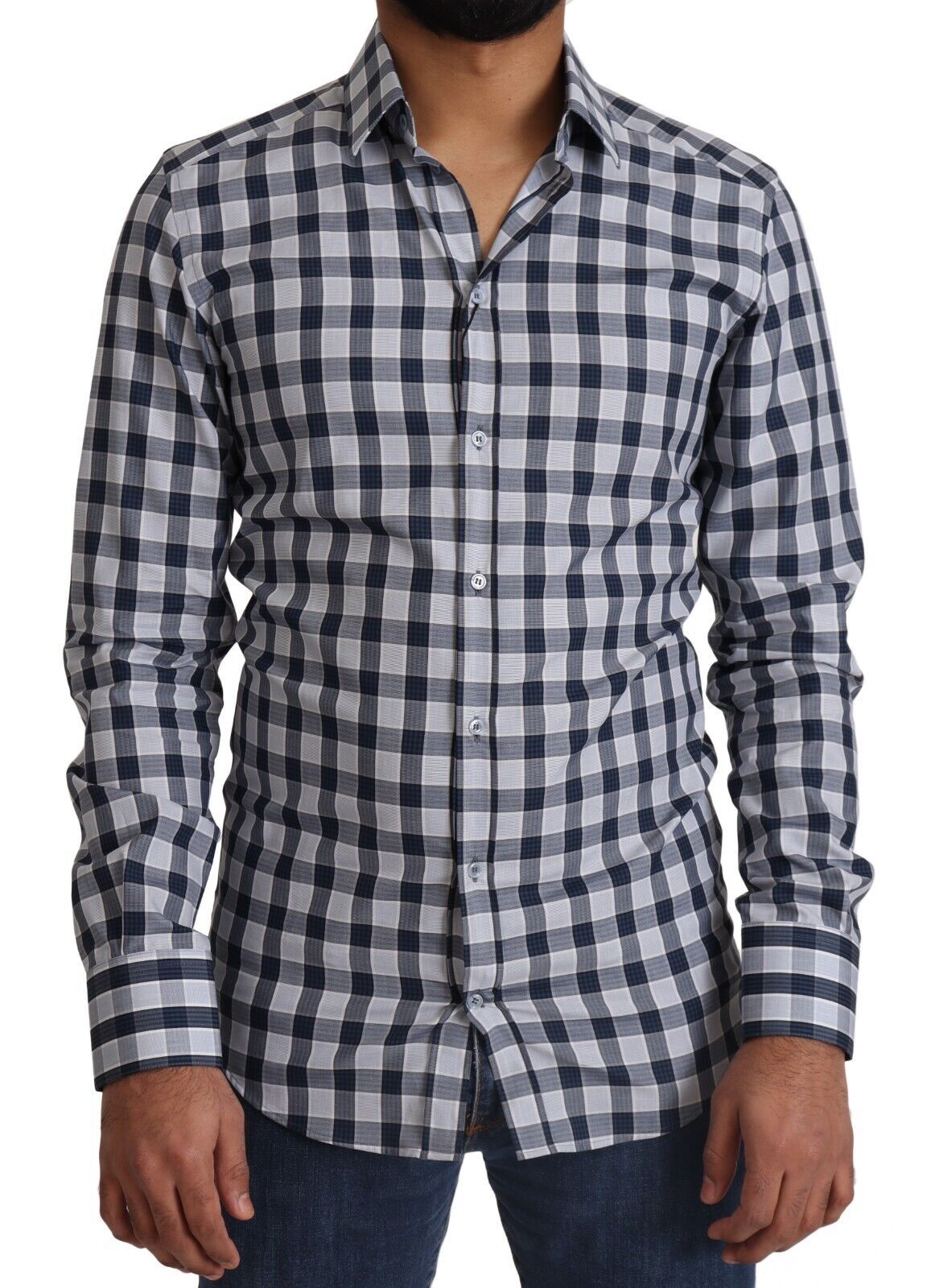 Dolce & Gabbana Blue White Check Cotton Slim Fit Shirt GOLD-1