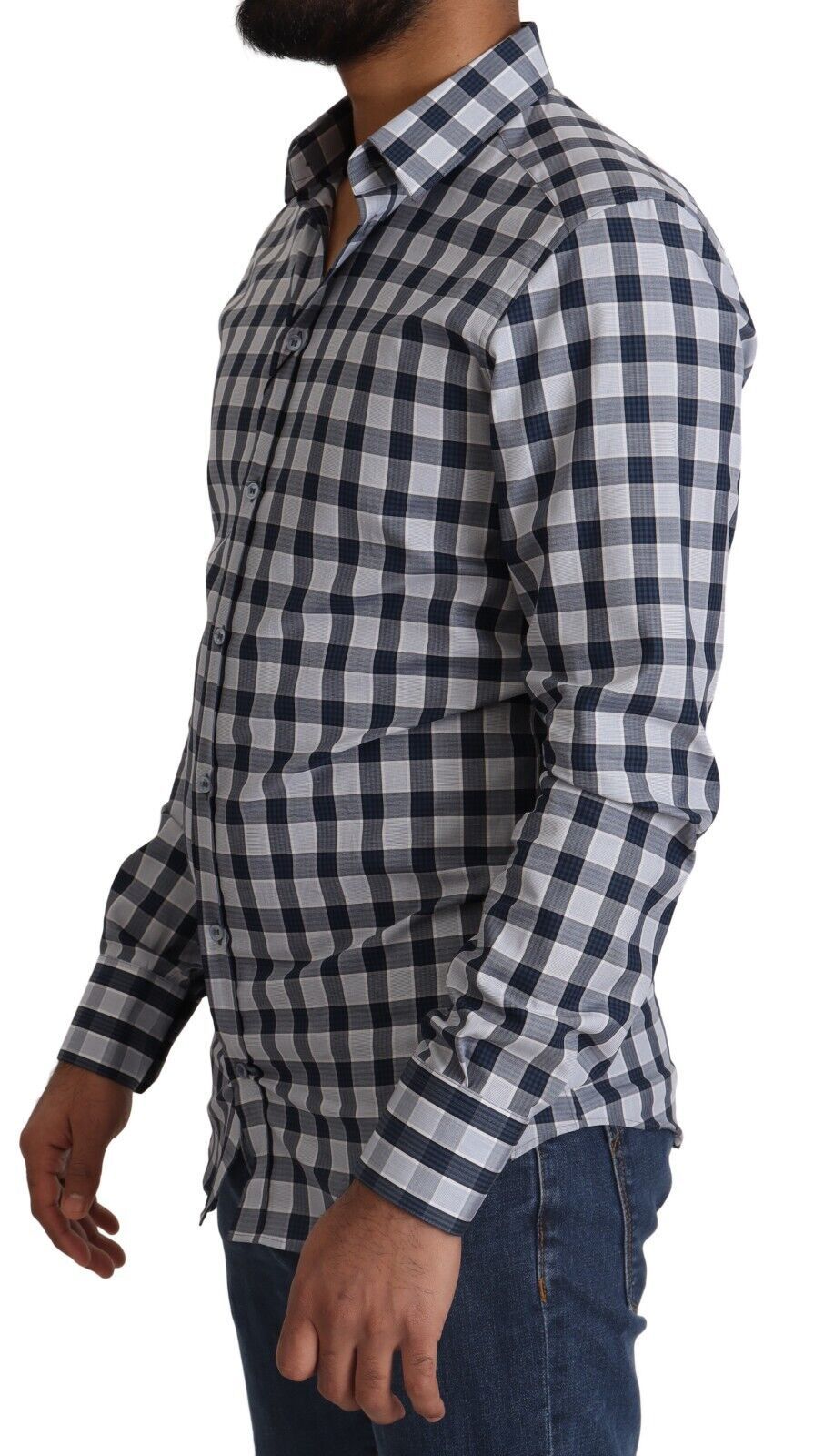 Dolce & Gabbana Blue White Check Cotton Slim Fit Shirt GOLD-2