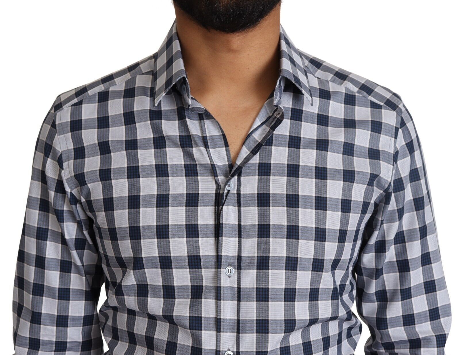 Dolce & Gabbana Blue White Check Cotton Slim Fit Shirt GOLD-4