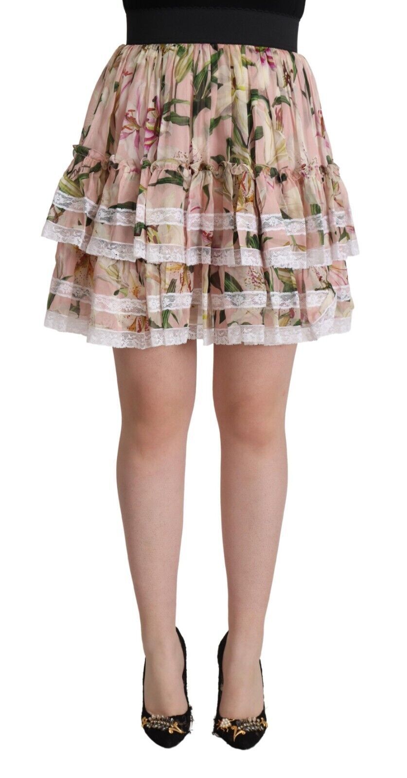 Dolce & Gabbana Rosa Lily Print Silk A-Line Mini Skirt
