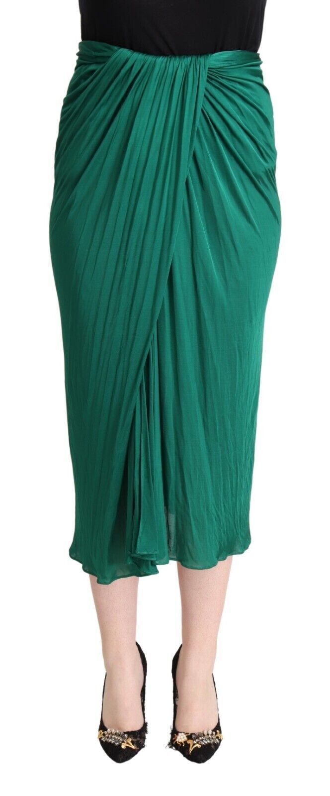 Dolce & Gabbana dark green midi pencil skirt with high waist and pleats