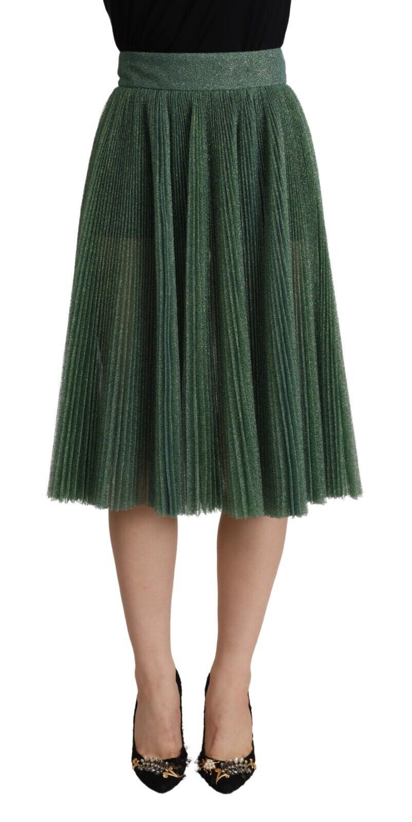 Dolce & Gabbana Green Metallic Pleated Skirt with High Waist and Pleats