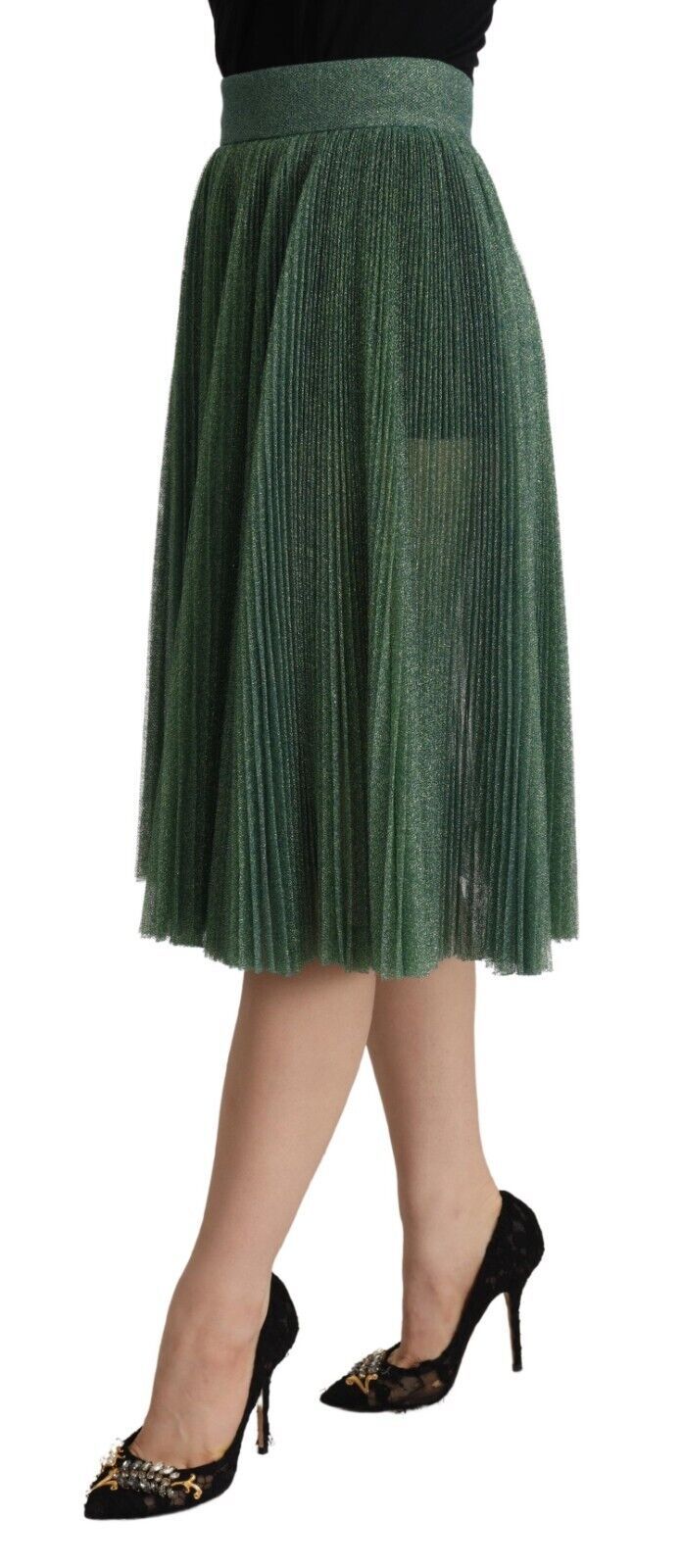 Dolce & Gabbana Green Metallic Pleated Skirt with High Waist and Pleats-2