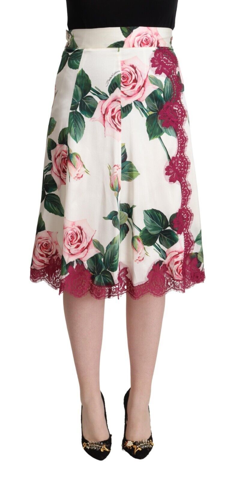 Dolce & Gabbana White Rose Print High Waist A-Line Midi Skirt