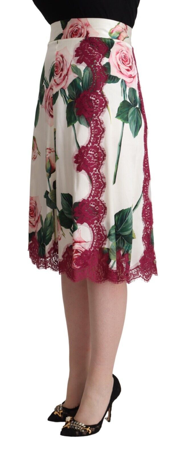 Dolce & Gabbana White Rose Print High Waist A-Line Midi Skirt-2