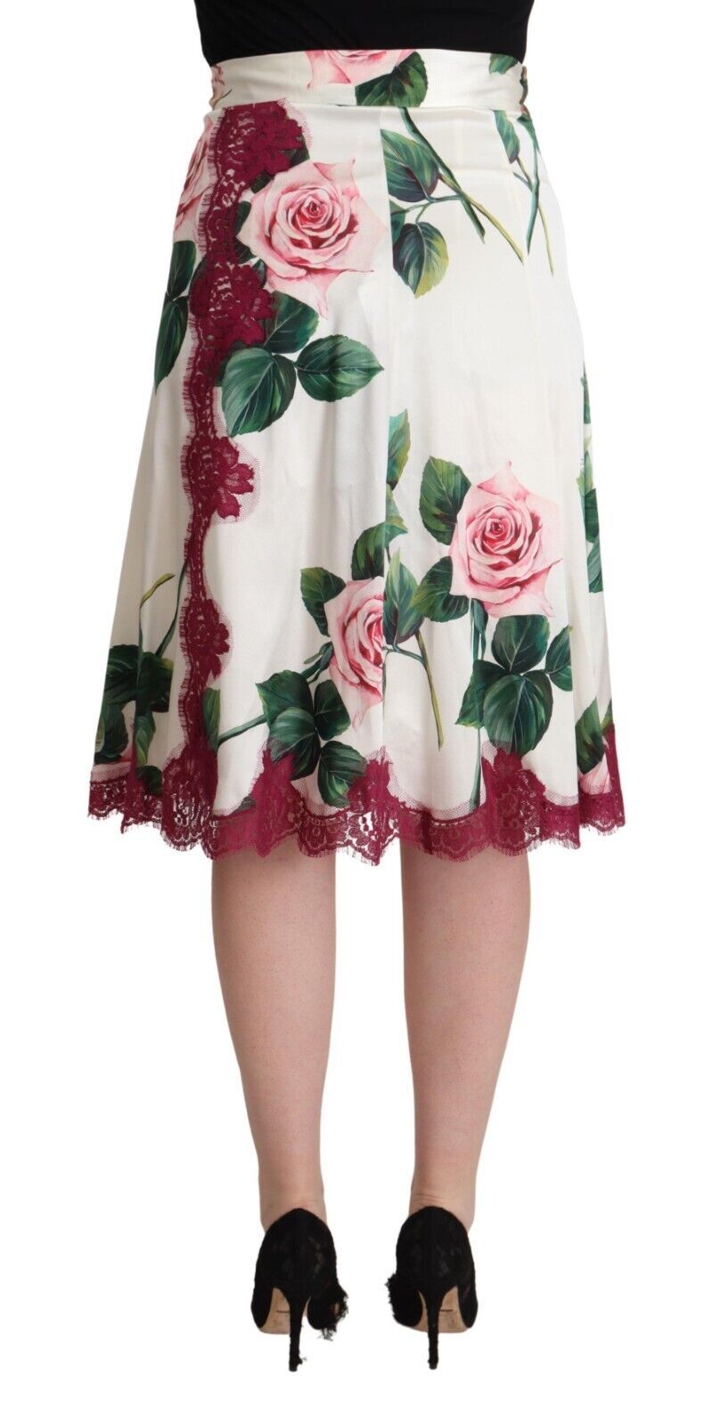 Dolce & Gabbana White Rose Print High Waist A-Line Midi Skirt-3
