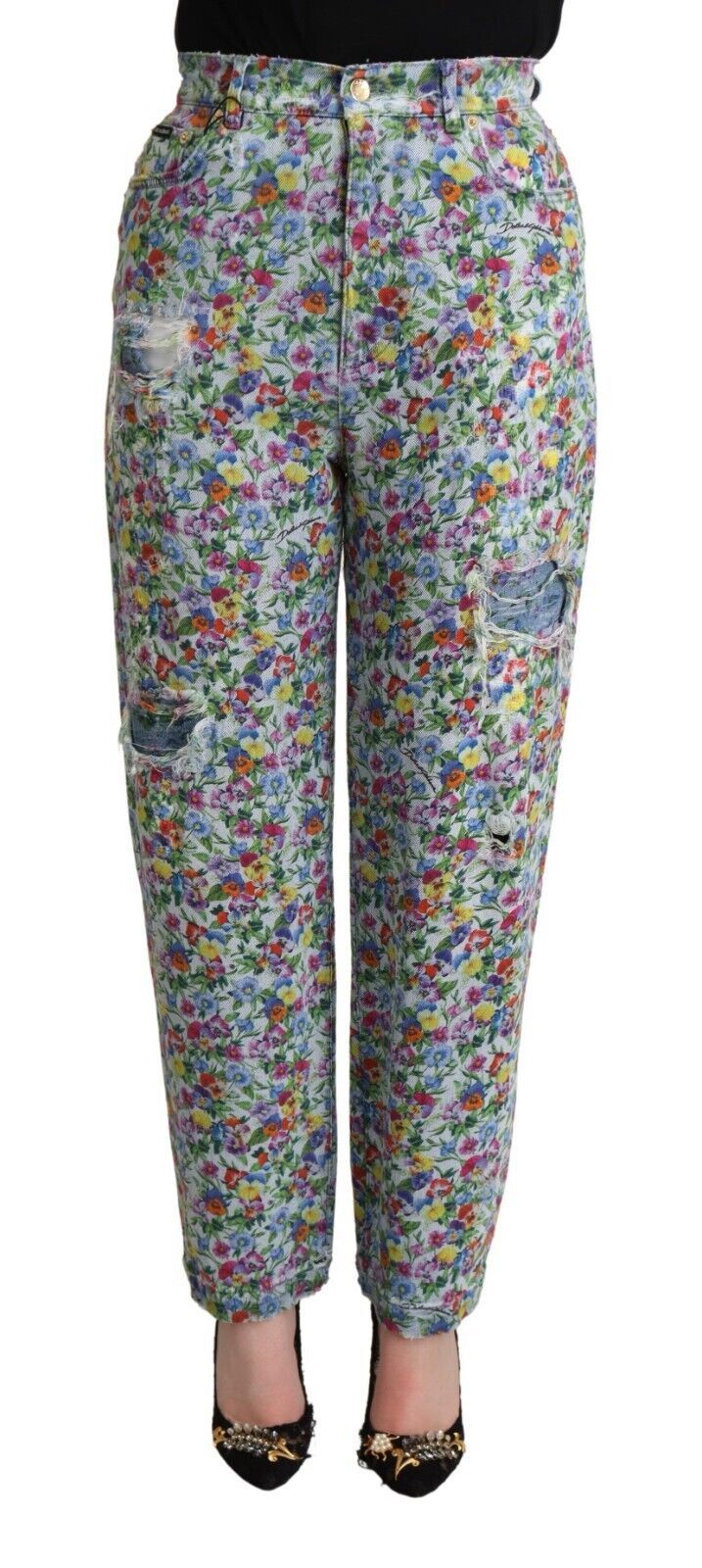 Vaqueros de mezclilla azul con estampado floral y cintura alta de Dolce & Gabbana