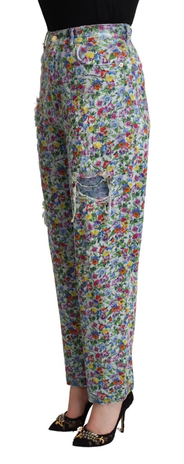 Dolce & Gabbana Blaue Denim-Jeans mit Blumenmuster und hoher Taille-2