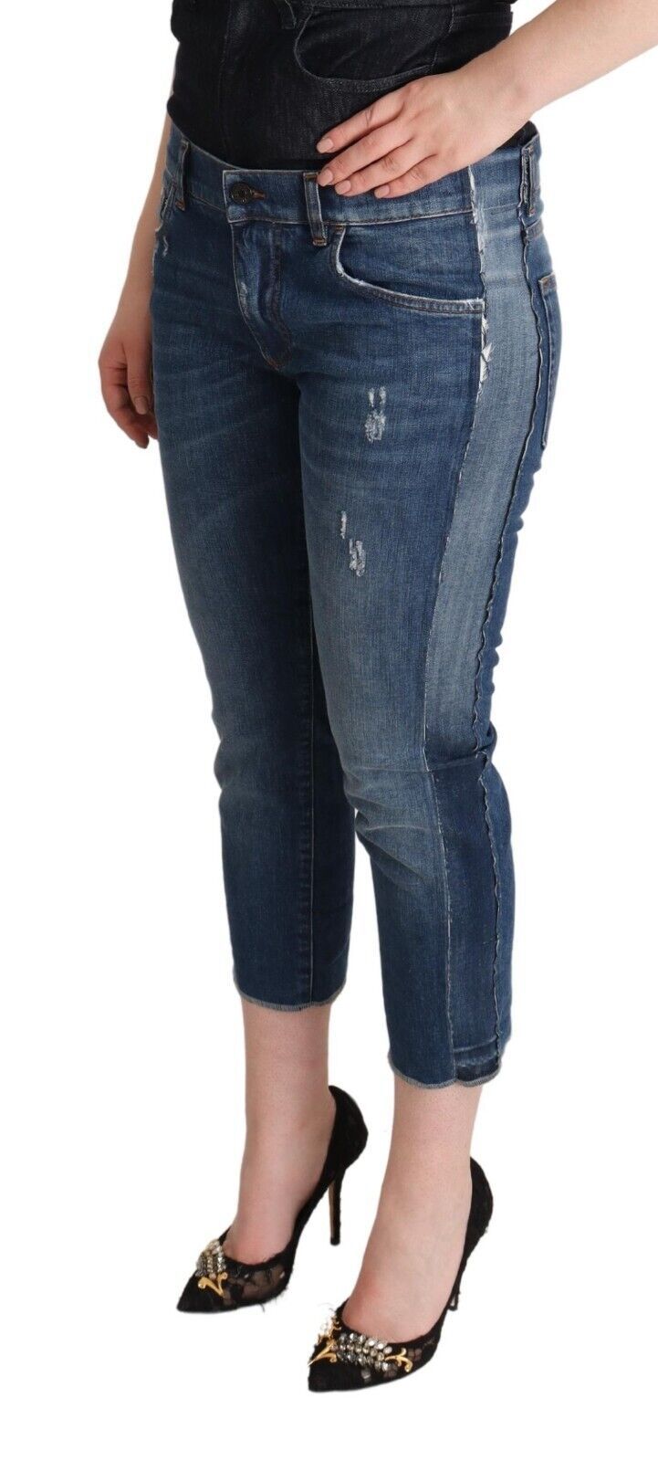 Dolce & Gabbana Blue Washed Denim Logo Cropped Jeans with Mid Waist-2