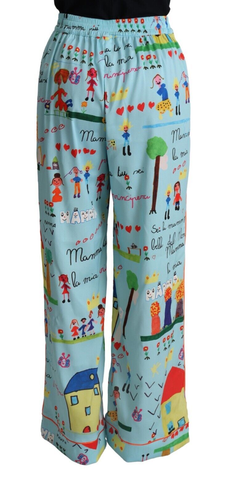 Dolce & Gabbana Light Blue Drawing Mid Waist Wide Leg Pants-3