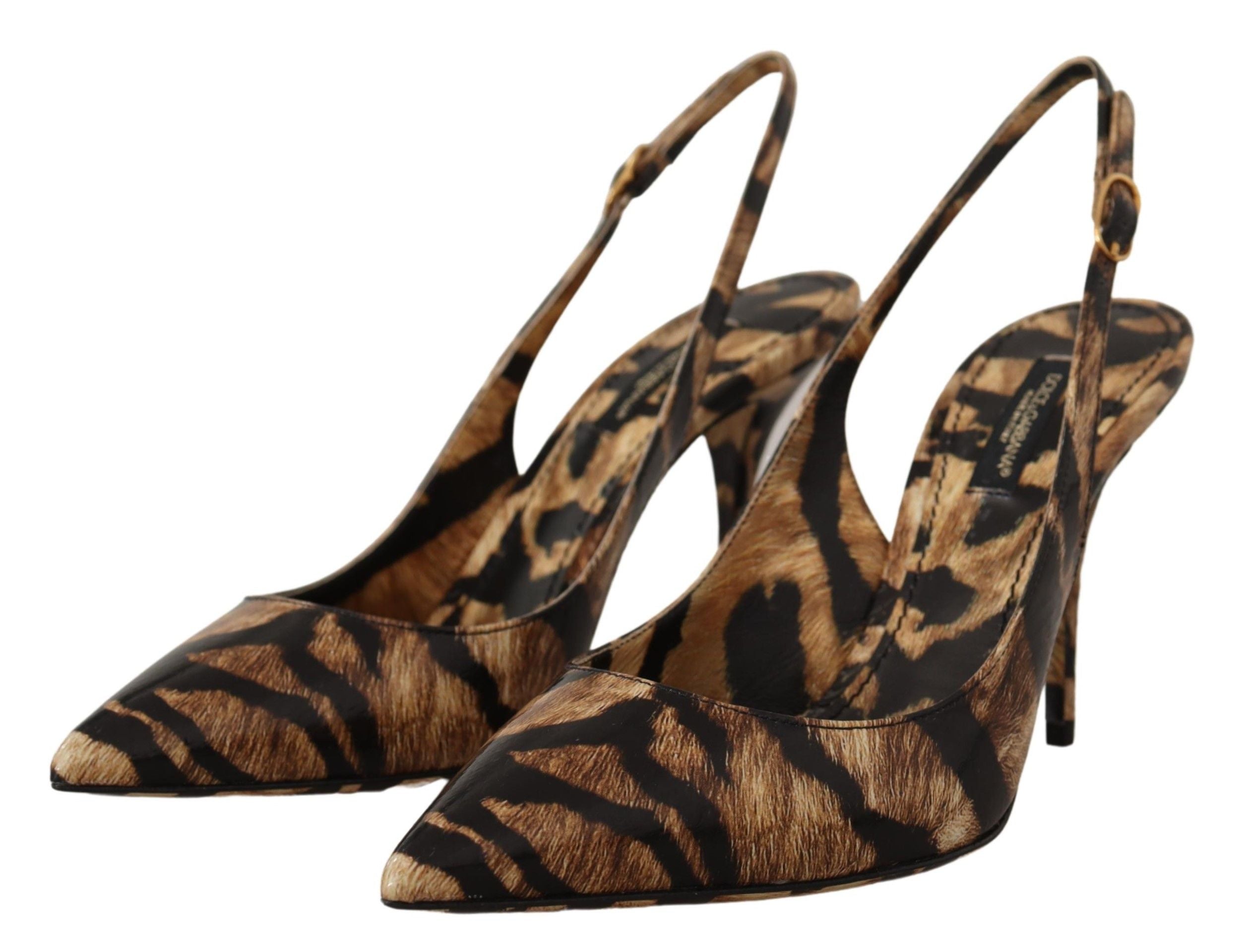 Dolce & Gabbana Brown Leather Tiger Slingback Shoes-2