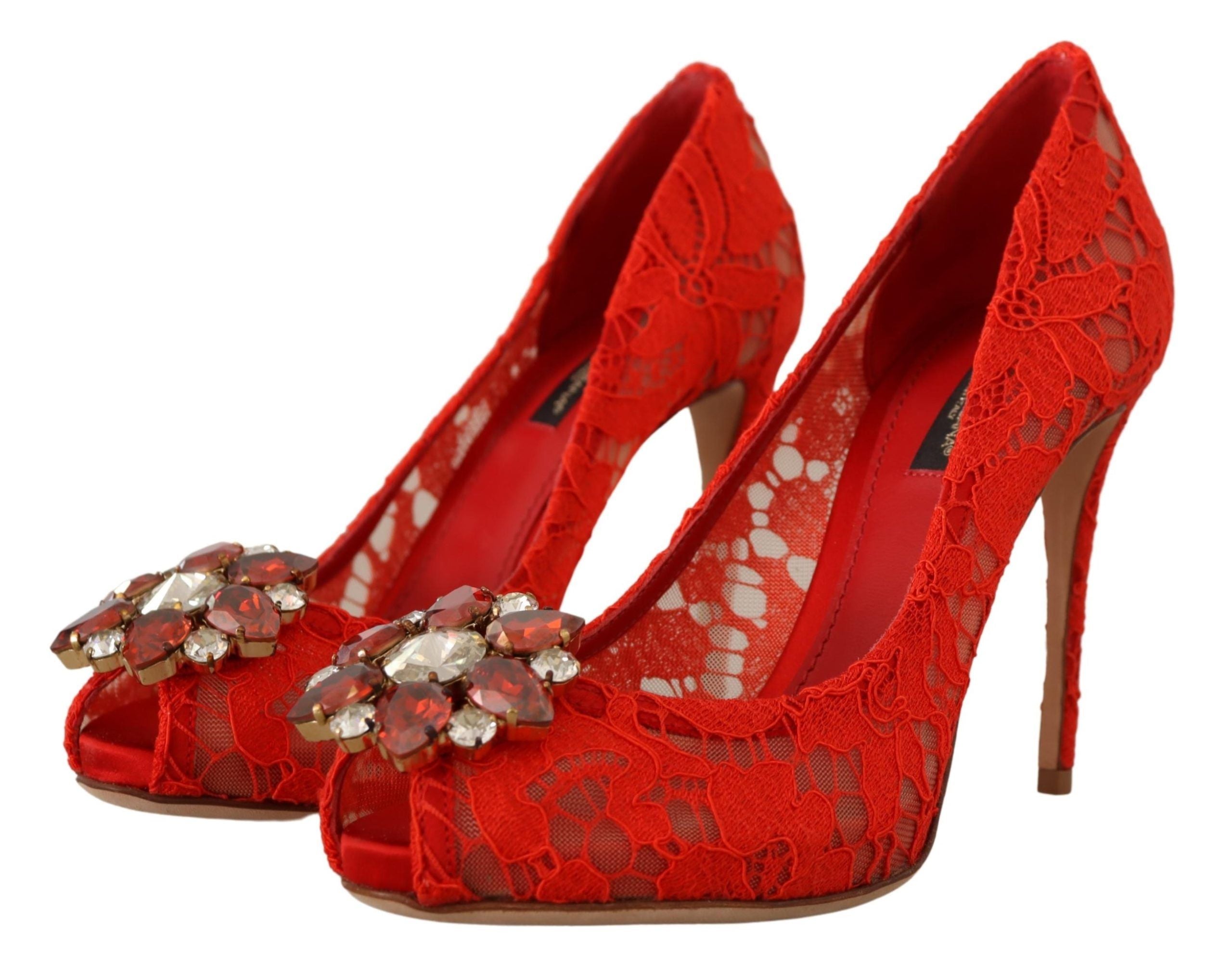 Dolce & Gabbana Red Taormina Lace Crystal Heels Pumps-2