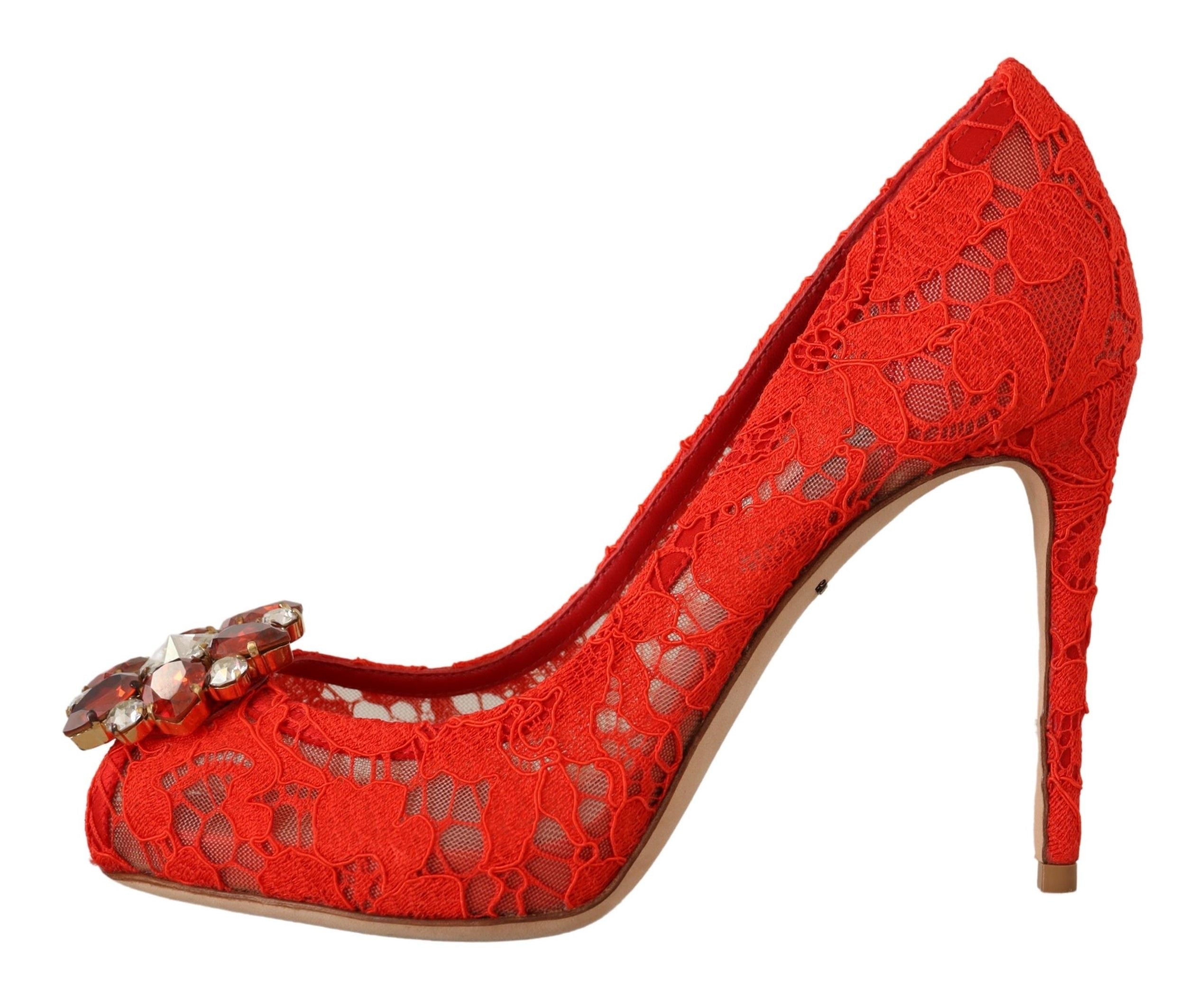 Dolce & Gabbana Red Taormina Lace Crystal Heels Pumps-4