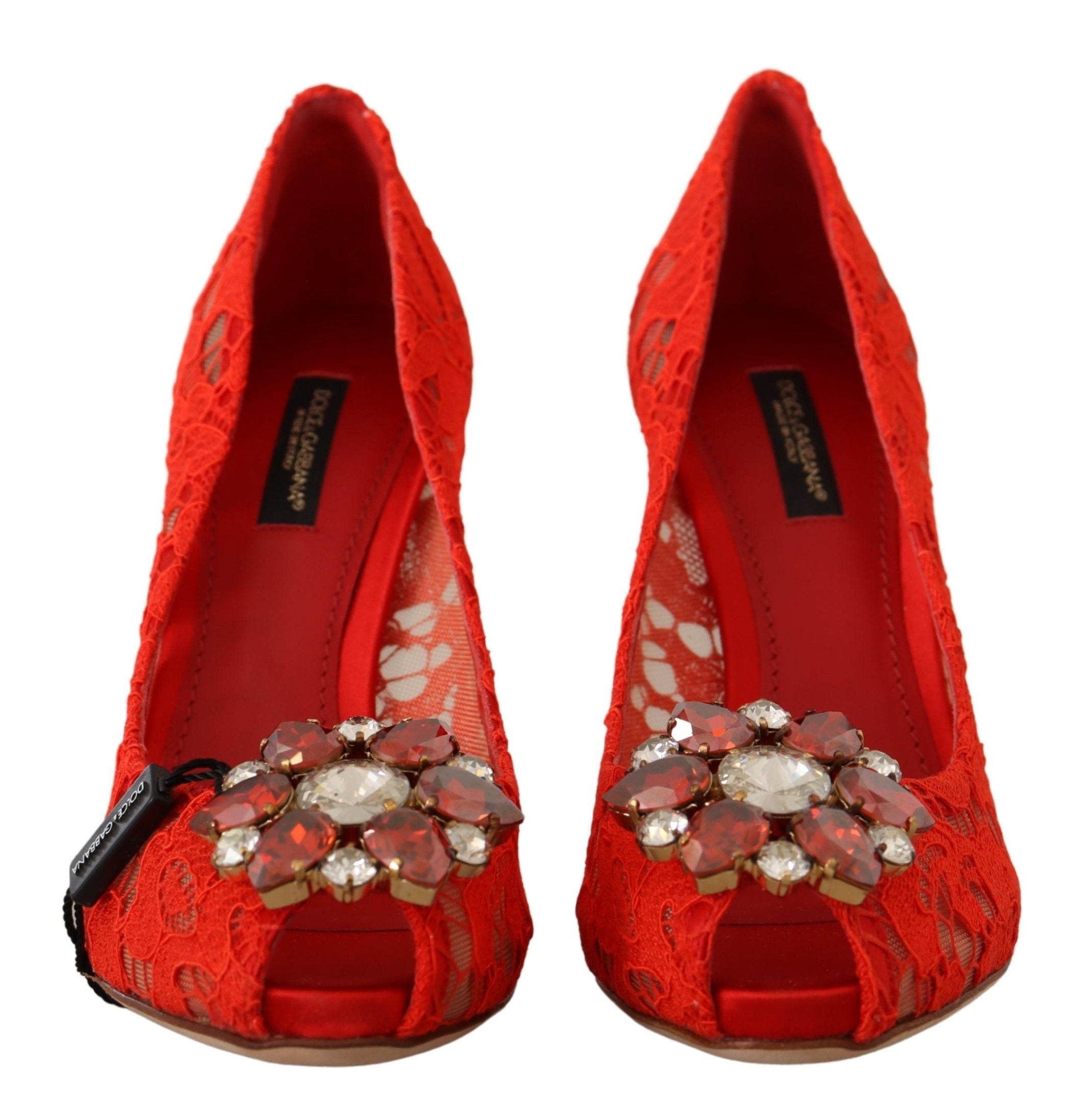 Dolce & Gabbana Red Taormina Lace Crystal Heels Pumps-7