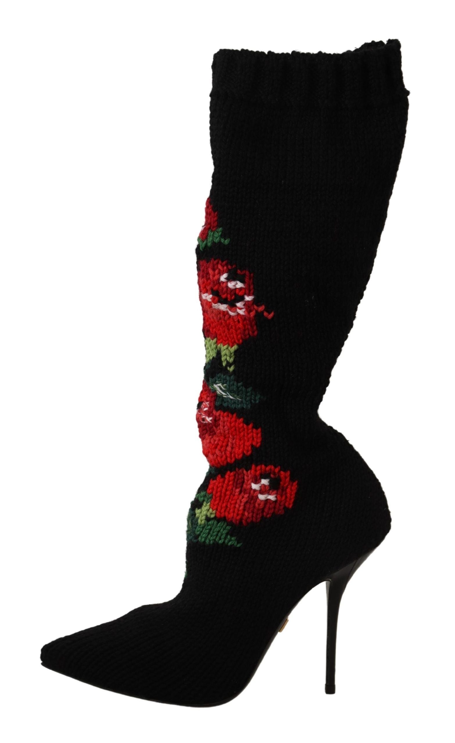 Dolce & Gabbana Schwarze Stretch-Socken Rote Rosen Booties Schuhe-4